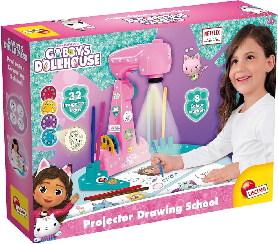 Lisciani - GABBY'S DOLLHOUSE Zeichenschule - LED-Projektor zum Zeichnen lernen - Für Kinder ab 4 Jahren - 4 Disketten mit Bildern, Blättern & Filzstiften enthalten - Gabby's Dollhouse