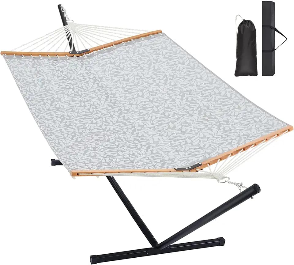Homgava Two Person Hammock with Stand for Outside, White Grey