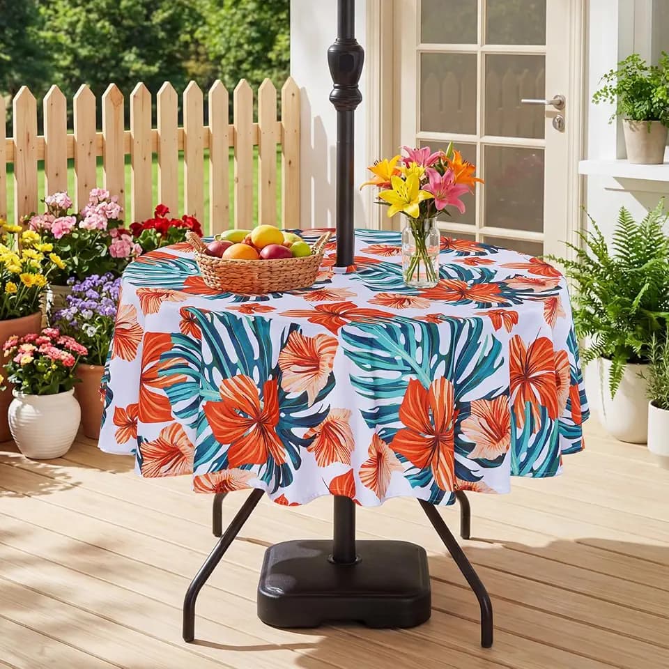 Eternal Beauty 60" Round Tablecloth Waterproof Outdoor Tablecloth with Umbrella Hole Zipper for Spring Summer Patio Picnic Tables (Orange Flower)