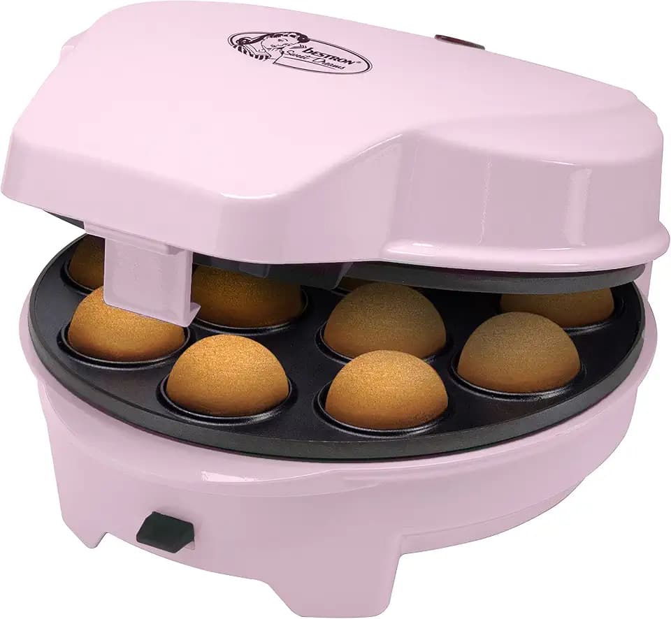 Bestron 3-in-1 Cakemaker im Retro Design mit 3 Wechselplatten für Donuts, Muffins & Cakepops, Antihaftbeschichtung, 700 W, Platzsparend verstaubar, Rosa, ASW238P
