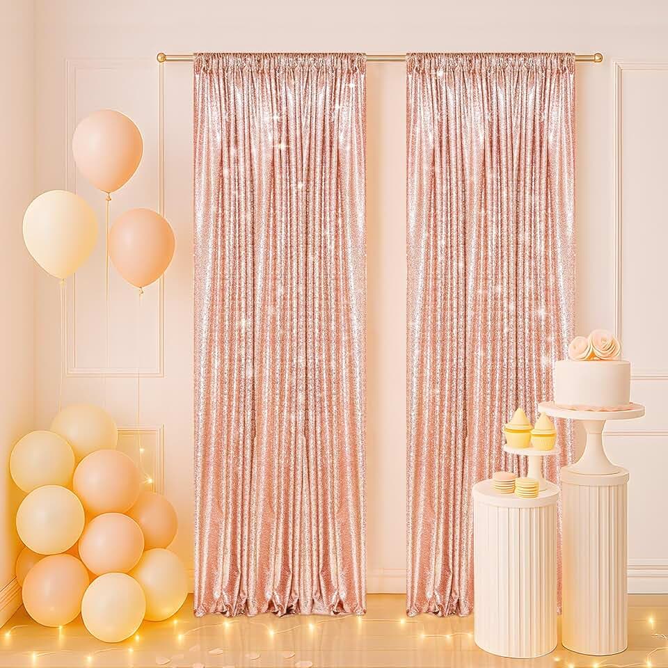 PartyDelight Rose Gold Sequin Backdrop Curtains 2x8ft 2 Panels