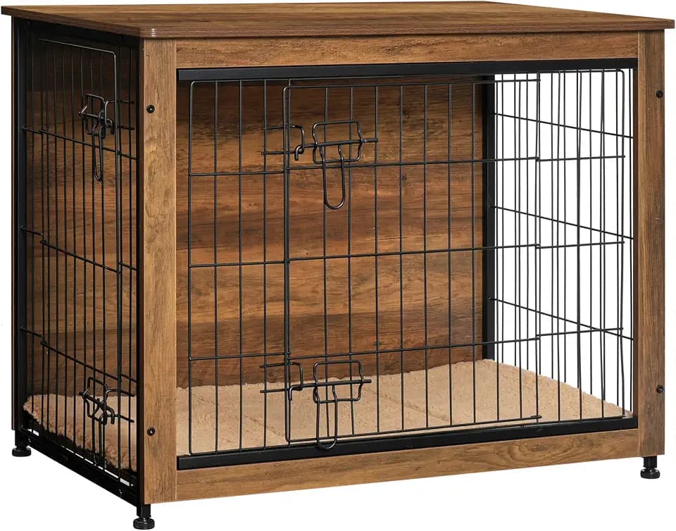 DWANTON 32.5" Dog Crate Furniture with Cushion, Wooden Kennel Table Indoor
