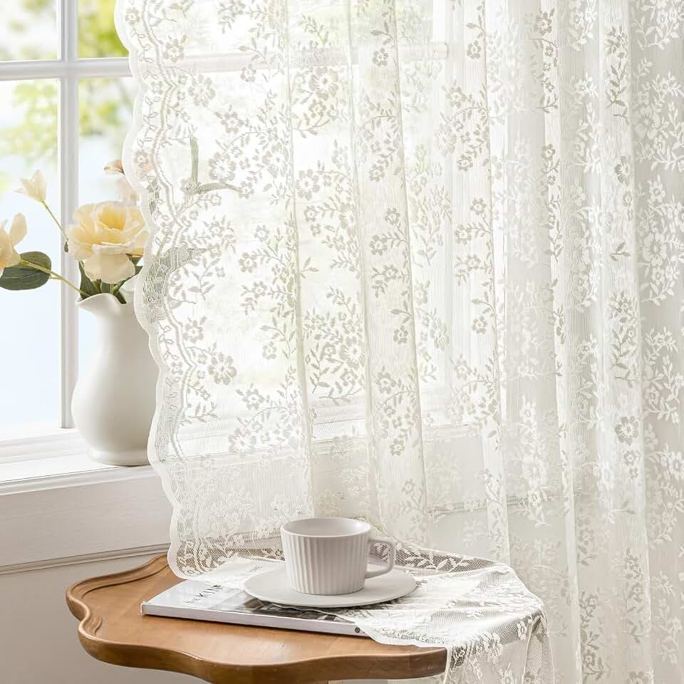 2 Panels Vintage Lace Curtains 84 Inches Long 52 x 84 Inch Ivory