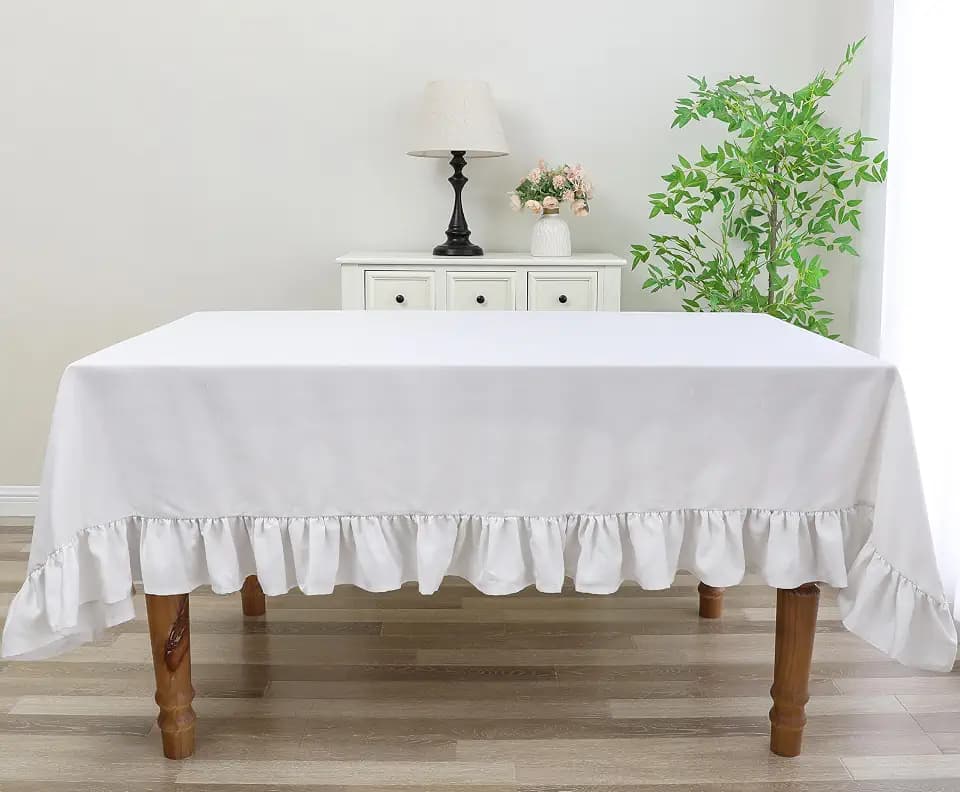 60"x90" Decorator Tablecloth Dining and Banquet Rustic Style Linen Ruffled Edge (White)
