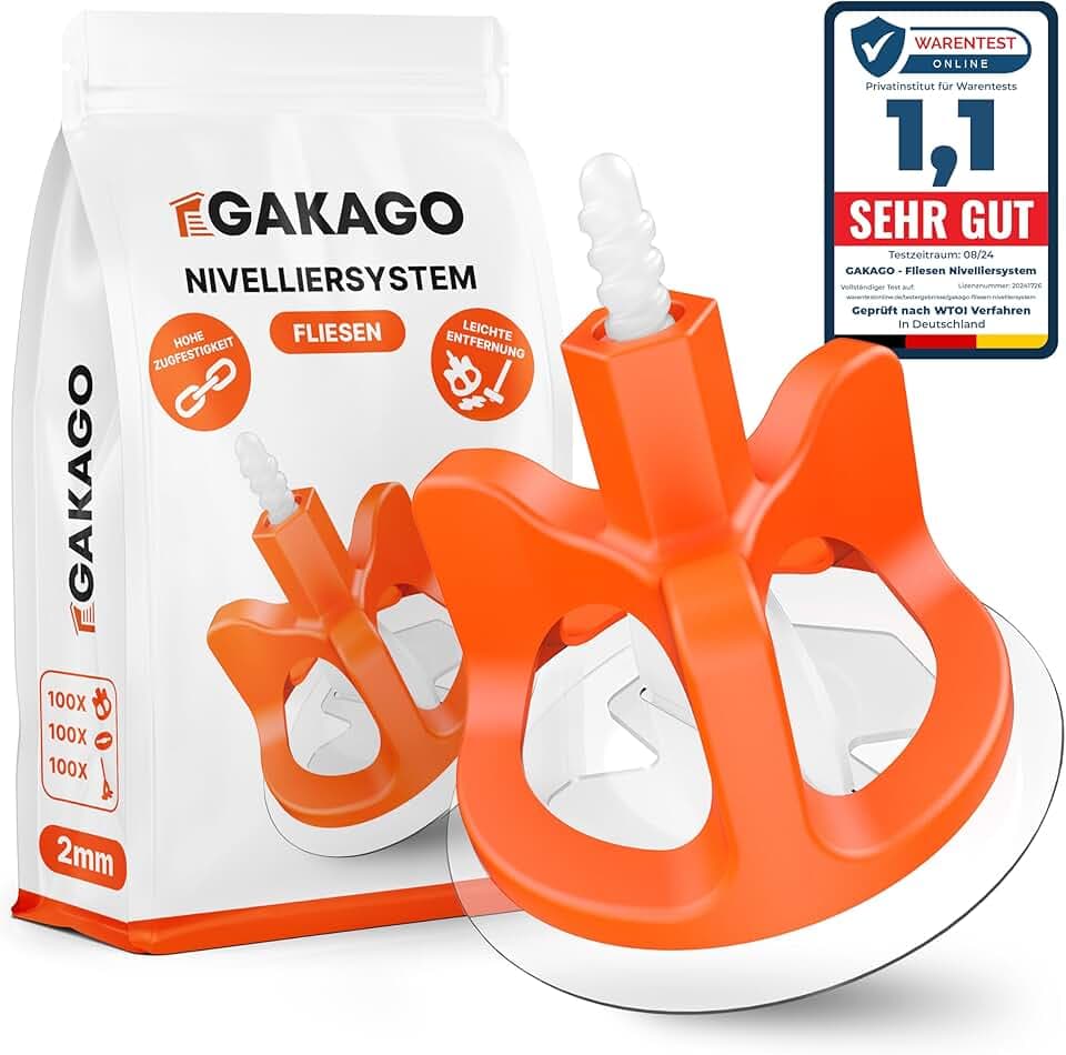Gakago Fliesen Nivelliersystem 300-tlg. Set 2mm - Verlegehilfe für ein perfektes Fugenbild - Überlegene Reichweite für Fliesenstärken 3-18mm - Fliesenschutz durch Schon-Unterlegscheiben