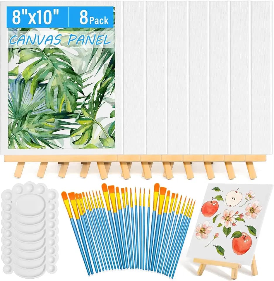 54er-Pack Leinwand mit Staffelei-Set 20,3 x 25,4 cm Leinwand-Bretter mit Holz-Staffeleien, Malpinsel Leinwand-Panel Malset für Acryl Öl Aquarell Anfänger Kunsthandwerk Mal-und-Entspannen-Party