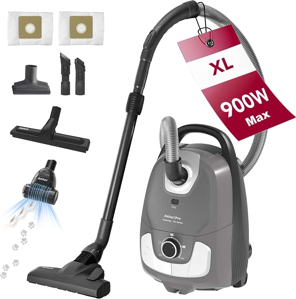 Akitas C11 Pet 900W Staubsauger mit Beutel – inkl. zusätzlicher Turbo-Tierhaarbürste, 7 m Netzkabel & 10 m Arbeitsradius, verstellbare Saugkraft, große Kapazität, für Harte Böden & Teppiche