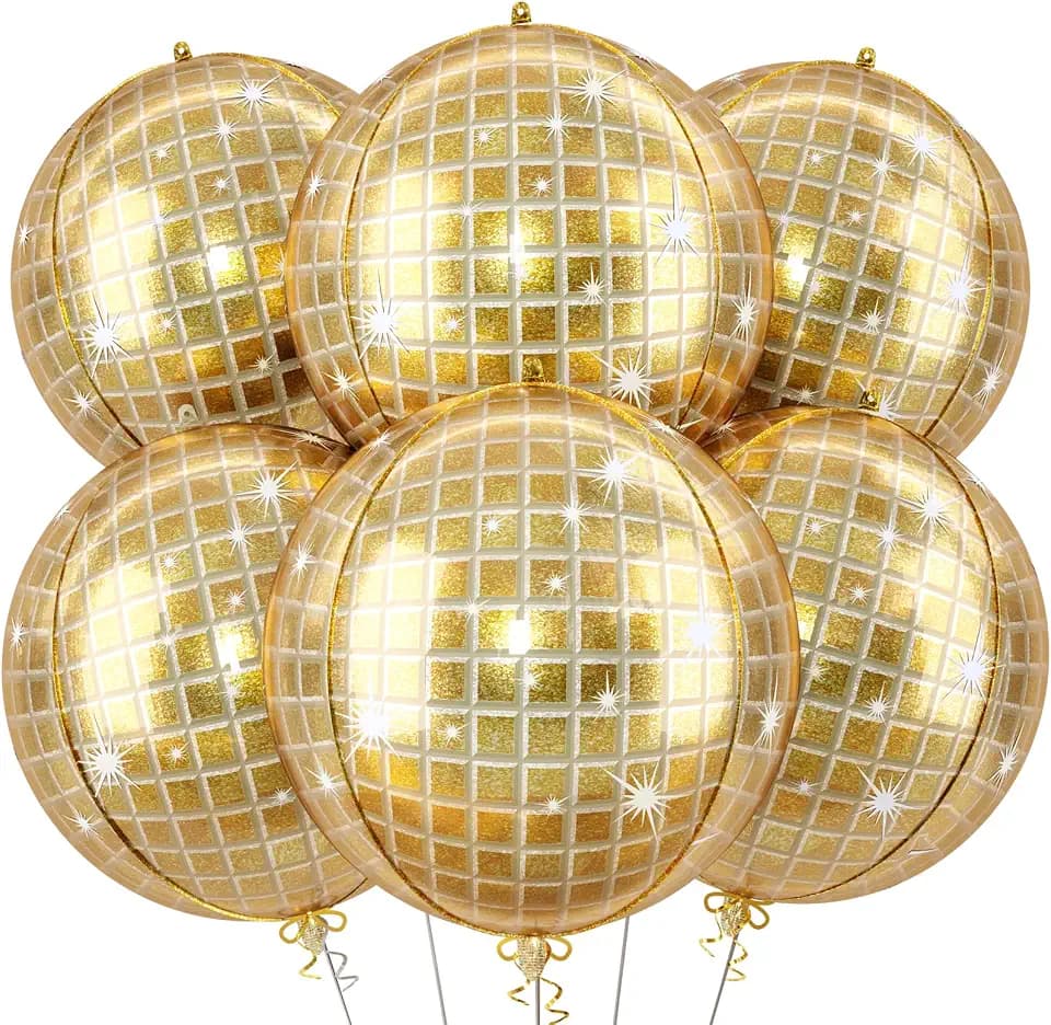 6pcs 22 Inch Gold Disco Ball Balloons, Shiny Gold Big Disco Foil Balloons