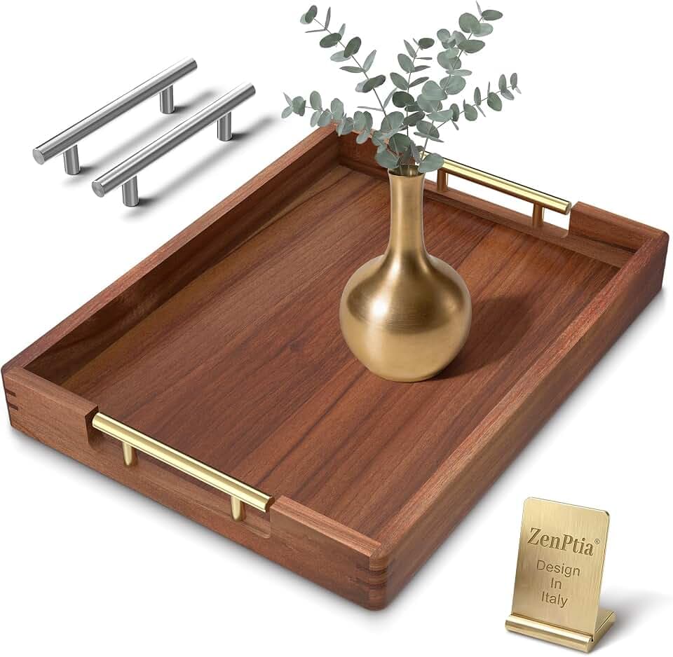 17-Inch Acacia Wood Serving Tray, 2 Handle Sets, Gold and Silver