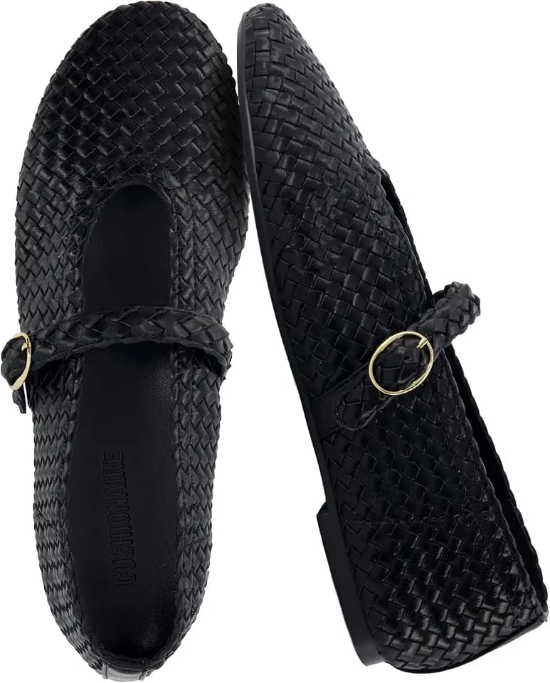 CUSHIONAIRE Bistro Mary Jane Flats for Women, Woven Ballet Flats Shoes with Strap and Memory Foam for All-Day Comfort
