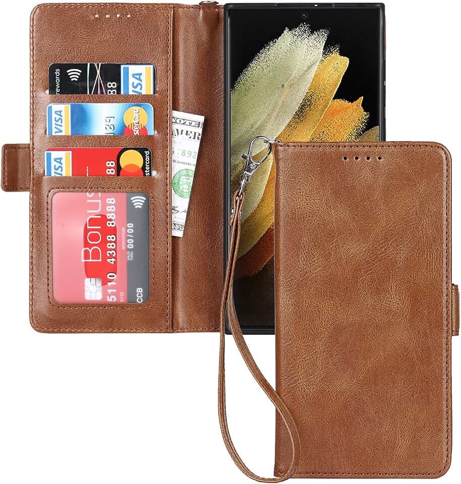 Zouzt Retro Premium-Pu-Leder-Geldbörsenhülle für Samsung Galaxy S22 Ultra 5G Case 6.41 Zoll, Folio Flip Phone Case mit Magnetverschluss/Kickstand Feature Case Cover mit Lanyard(Dunkelbraun)