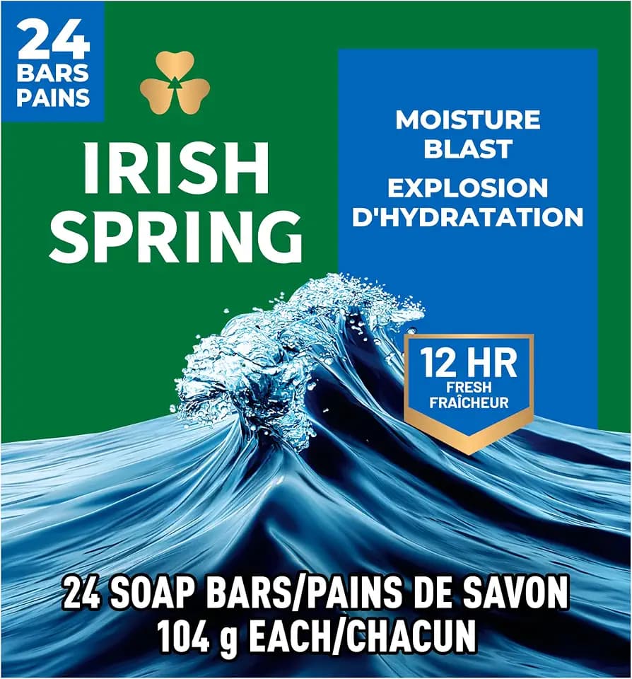 Irish Spring Bar Soap for Men, Moisture Blast, 3.7 Oz, 24 Pack