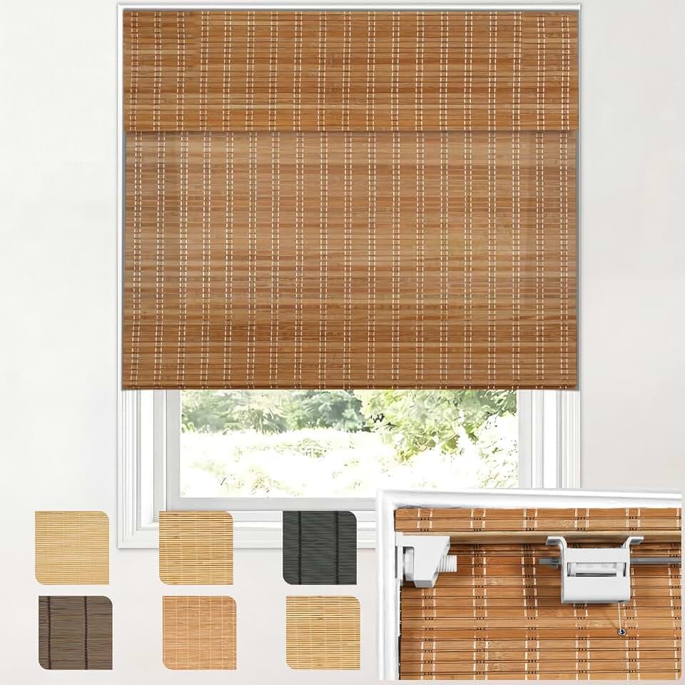Cordless No Drill Bamboo Roman Shades, Natural Bamboo 34"W x 60"H