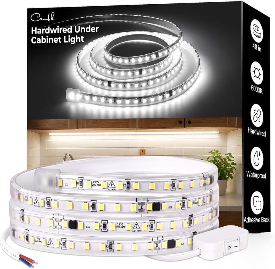 cambk 48inch Hardwired Under Cabinet Lighting for Kitchen,120V Wired Undercounter Led Strip Lights 6000K White Waterproof, Luces para Cocina Bajo Gabinete Under Shelf Lights for Sink/Workbench