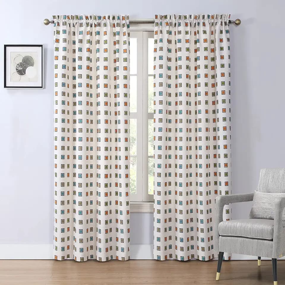 Infinity Geometric Waffle Jacquard Woven Thick Ivory Polyester Fabric Panels,Printed Cream Square Window Curtain, 2 Panel Pair,Each 52" W x 84" L,Total 104" W x 84" L