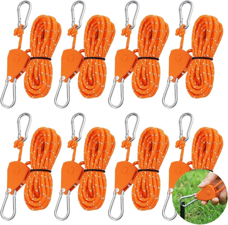 8 Stück Flaschenzug mit Seilbremse, 4 M x 4 MM, Mit Karabiner, Orange