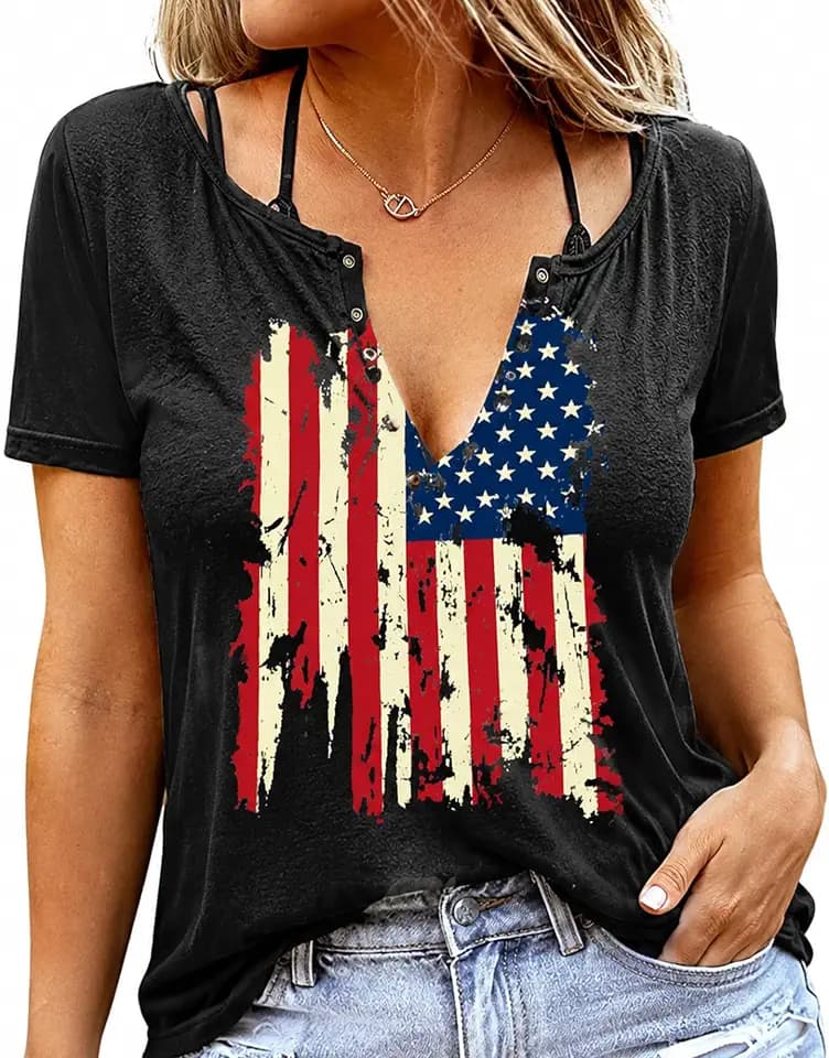 4th of July Shirts for Women Sexy V-Neck American Flag T-Shirt with Ring Hole Short Sleeve Patriotic Tops Summer Fashion