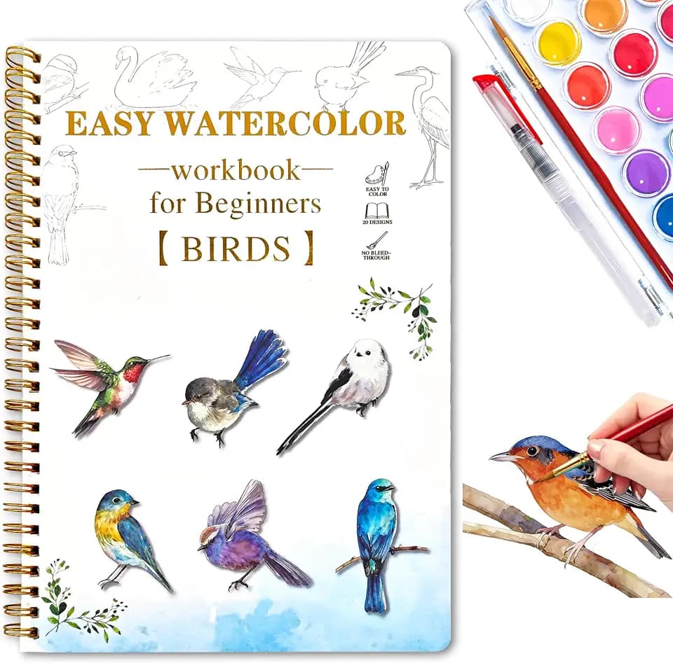 Watercolor Workbook for Beginners,20 Birds Pages with 24 Palette & 2 Brush