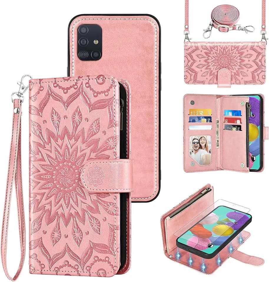 Phone Case for Samsung Galaxy A51 4G Zipper Wallet Magnetic Detachable Cell Cover with Screen Protector Crossbody Lanyard Strap Flower Flip Card Holder Slot A 51 M40S 51A A515F S51 Women Rose Gold
