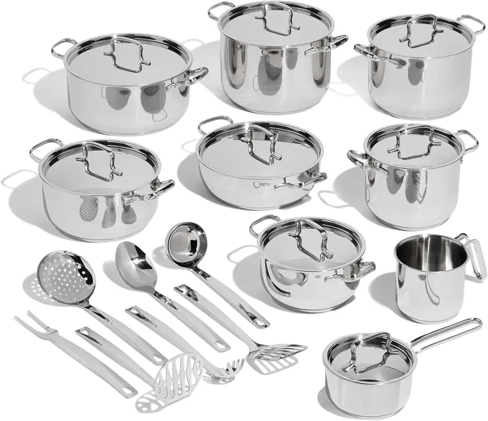 Lagostina Sfiziosa Topfset für alle Herdarten aus Edelstahl 18/10, 24 Teile, 3-Lagiger Lagoseal-Plus-Boden, Topfset mit 5 Kasserollen, 3 Töpfen, Milchtopf, 8 Deckel, 7 Küchenutensilien