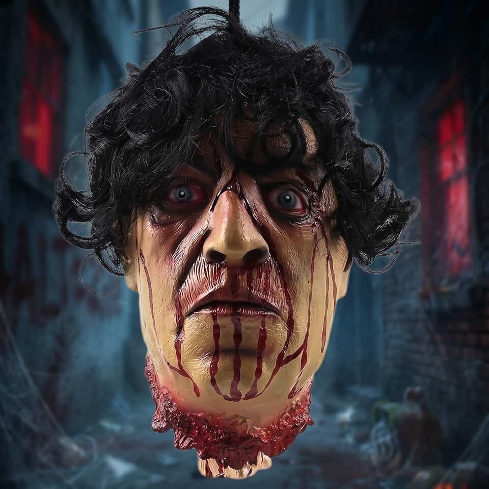 TIODIO Hanging Severed Head Halloween Prop, Life-Size Latex Zombie Head for Haunted House, Yard, Party, Bar Decor