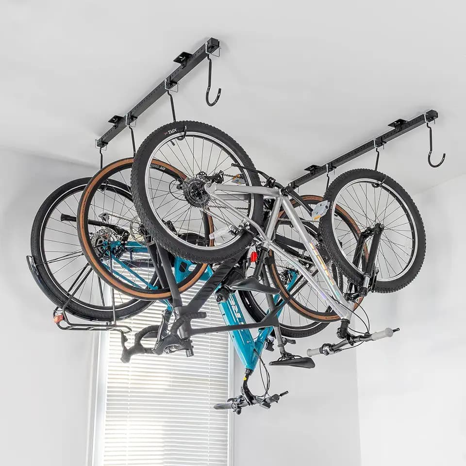Teal Triangle Adjustable Ceiling Mounted Bike Rack for Garage, Hold 8 Bikes