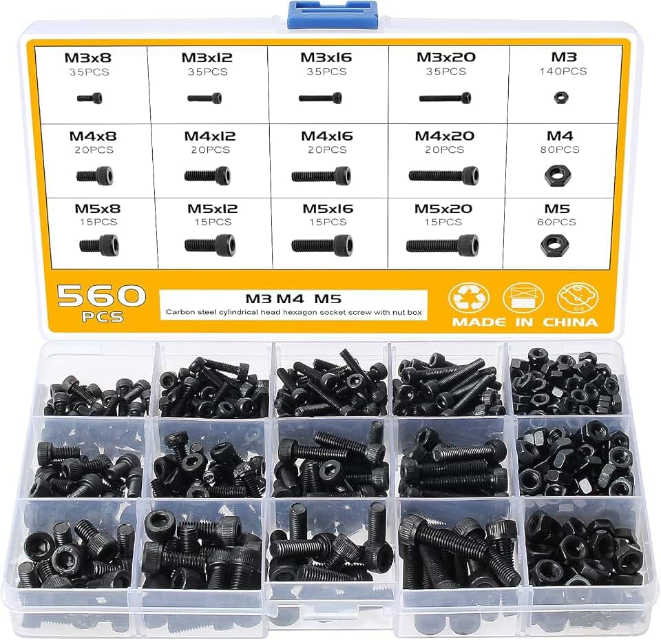 560STK M3 M4 M5 Zylinderschrauben mit Innensechskant Schrauben Set, Sechskantschrauben Innensechskant ;Muttern 12.9 Kohlenstoffstahl, Innensechskant Zylinderschrauben Schrauben Muttern Set