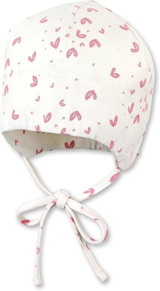 Sterntaler GOTS Beanie Herzen – Baby Mütze aus Singlejersey (Bio) mit Herzchenprint & Bindeband – Erstlingsmütze für Mädchen – GOTS-zertifizierte Babykleidung – Ecru, Gr. 47