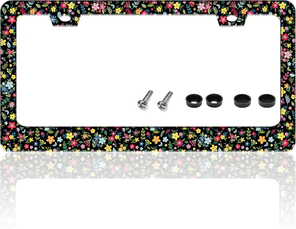 Colorful Artistic Flowers License Plate Frame Folk Floars License Plate Holder for Front or Rear Car Tags Stainless Steel Funny Car Decoration with Screws 6.3 X 12.2 in