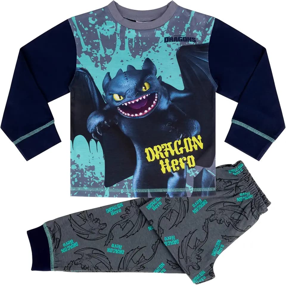 DreamWorks Animation SKG How to Train Your Dragon/Drachenzähmen leicht gemacht, Dragon Hero Langarm Schlafanzüge, Toothless, Mehrfarbig