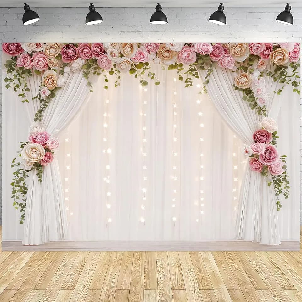 Wedding Backdrop, Flower Wall Bridal Shower Backdrop for Photoshoot，White Rose Floral Tea Party Backdrop Birthday Party Decor, Baby Showers, Anniversary Banners, 7X5FT