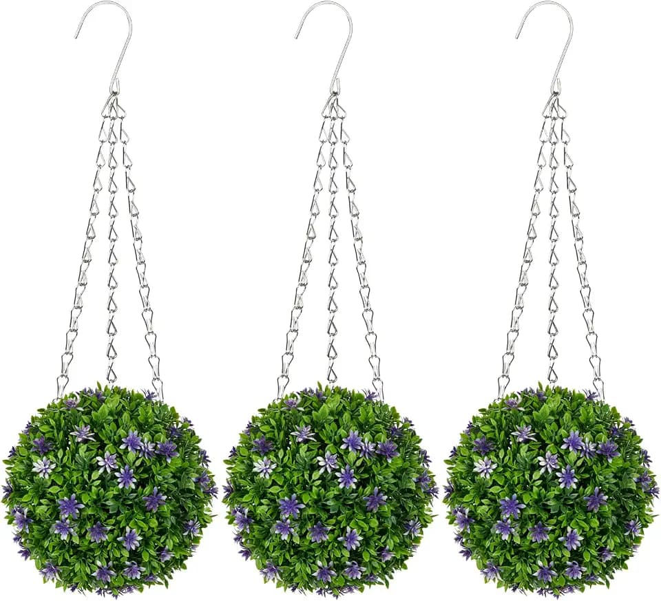 Oairse 3 Pcs Artificial Hanging Topiary Flower Ball - Mini 6.3" Fake Hanging Topiary Ball with Purple Flowers & Chains Faux Greenery Plant Balls for Front Porch Patio Garden Indoor Outdoor Home