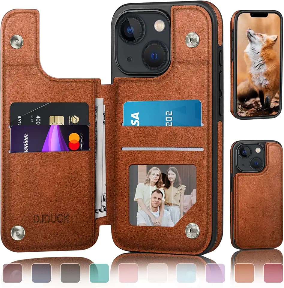DJDUCK Designed for iPhone 13 Case Wallet with Card Holder, [Magnetic Clasp Cover] [RFID Blocking Leather Protection] Shockproof Women Men Cases 6.1 Inch for Apple 13 Light Brown
