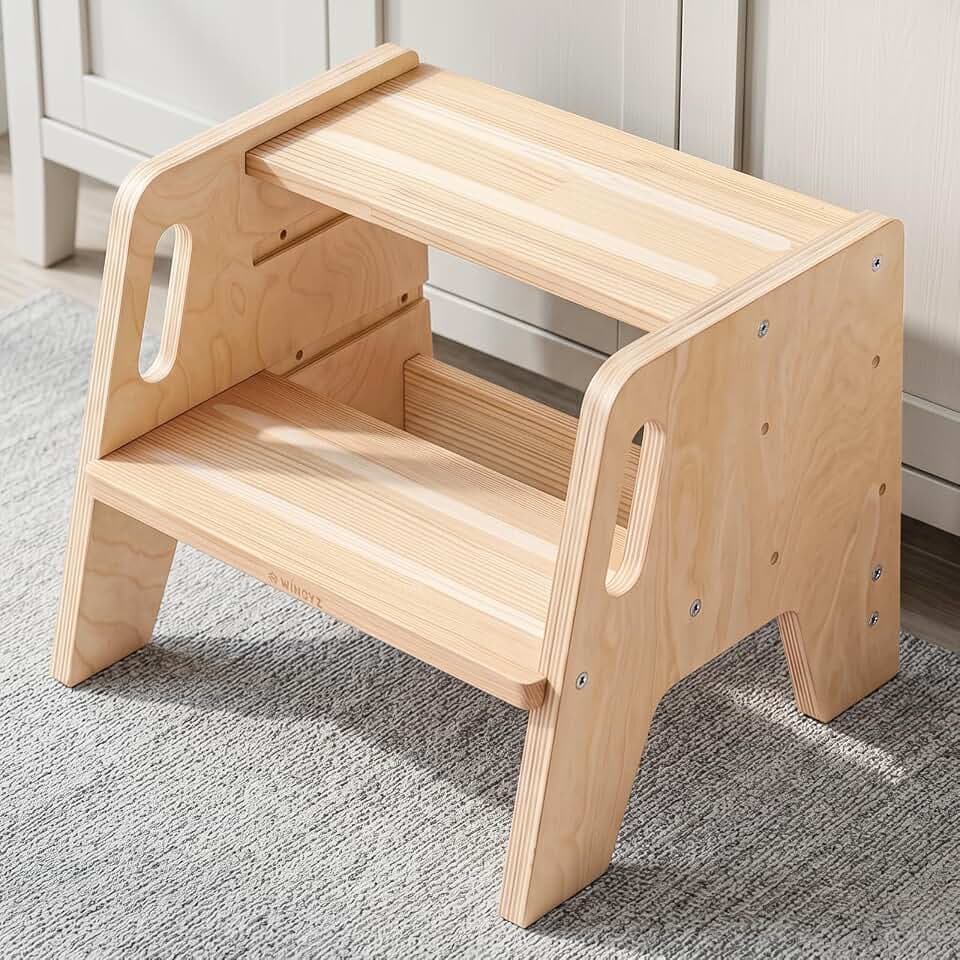 WINGYZ Tritthocker Kinder aus Holz, 2 Stufen, höhenverstellbar, Natur | 3 Höhen, 2 Griffe, Anti-Rutsch-Pads, tragbar, für Bad, Küche und Waschbecken, ab 2 Jahren
