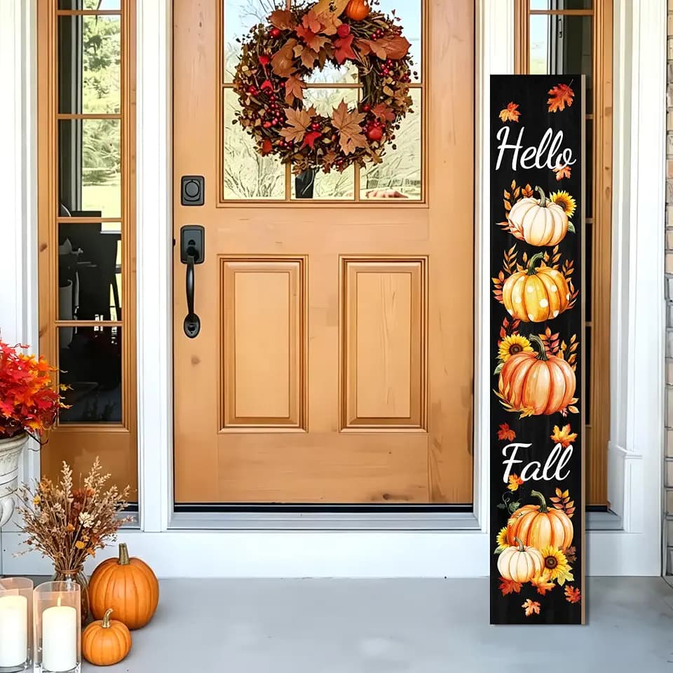 Fall Wooden Porch Sign 47" Pumpkins Maple Leaves Front Door Rustic Standing Large Welcome Porch Sign for Home Front Door Yard Fall Party Decor