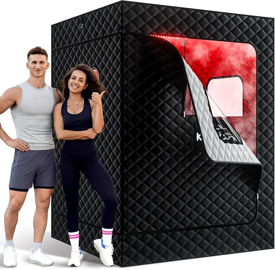 KASUE Upgraded 2 Person Sauna Box, Portable Infrared Sauna with 5-Layer Waterproof, 2 Steamers, 2 Folding Chair, 71”x 36”x 49” for Indoor, Outdoor, Gym, Spa, Carbon Black