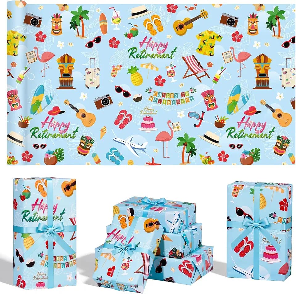 Happy Retirement Gift Wrapping Paper Roll - 17'' x 16.4ft Hawaiian Themed Paper Roll | Cheers to Retirement Design | Vibrant Gift Wrap for Parties, Coworker Favors, Celebration Decor