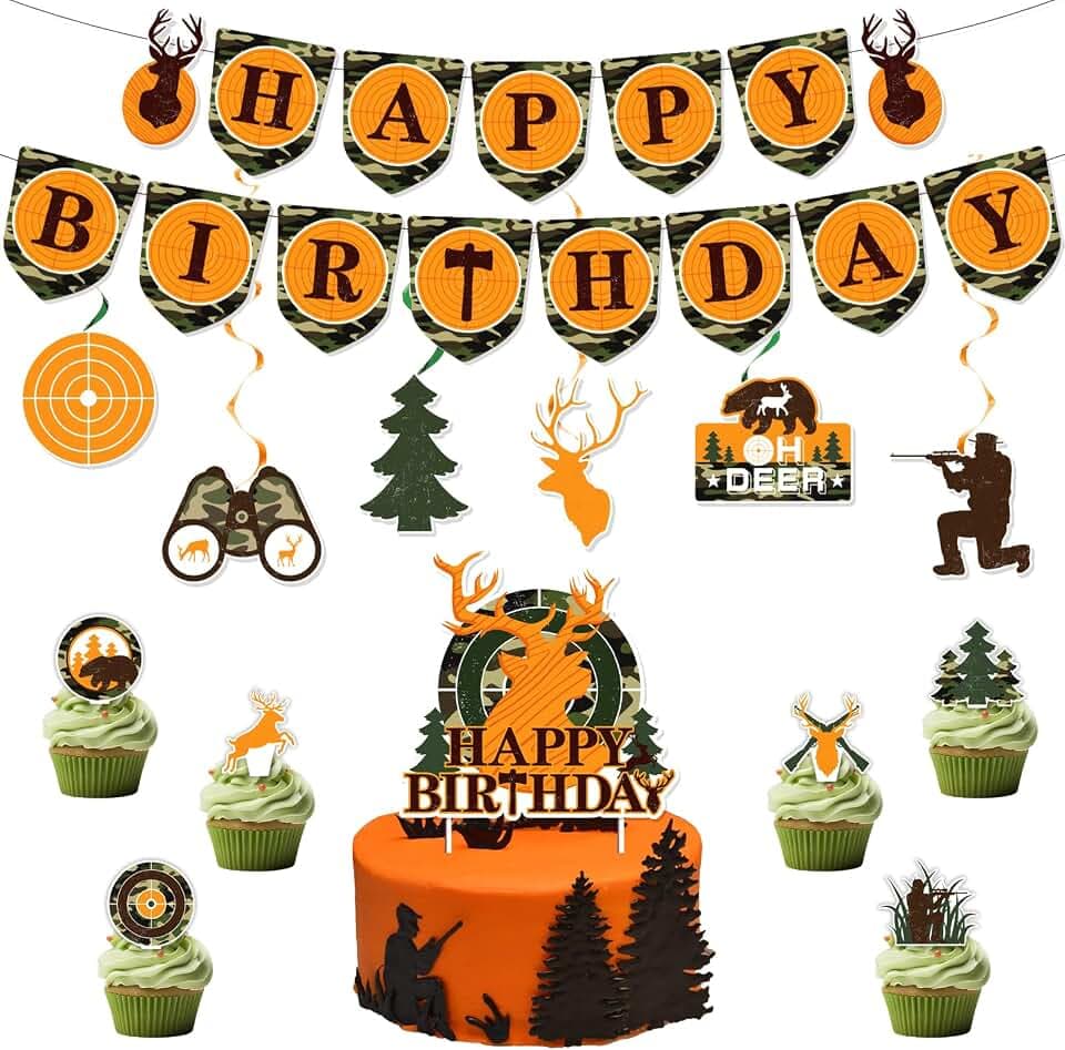 Jagd Geburtstag Party Dekoration, Happy Birthday Girlande Camouflage Hirsch zum Aufhängen an der Decke Luftschlangen Kuchen Luftschlangen für Vater Jungen Kinder Jagd Party