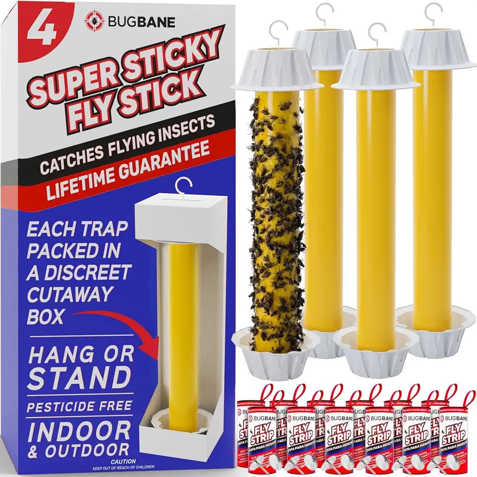 Fly Stick Sticky Fly Traps for Indoors Outdoor 4pk with 12 Ribbons. Non-Toxic Super Sticky Hanging Flies Catcher Paper Tape Strips for Home. Catches all bugs and gnats. Indoor House Flying Insect Trap