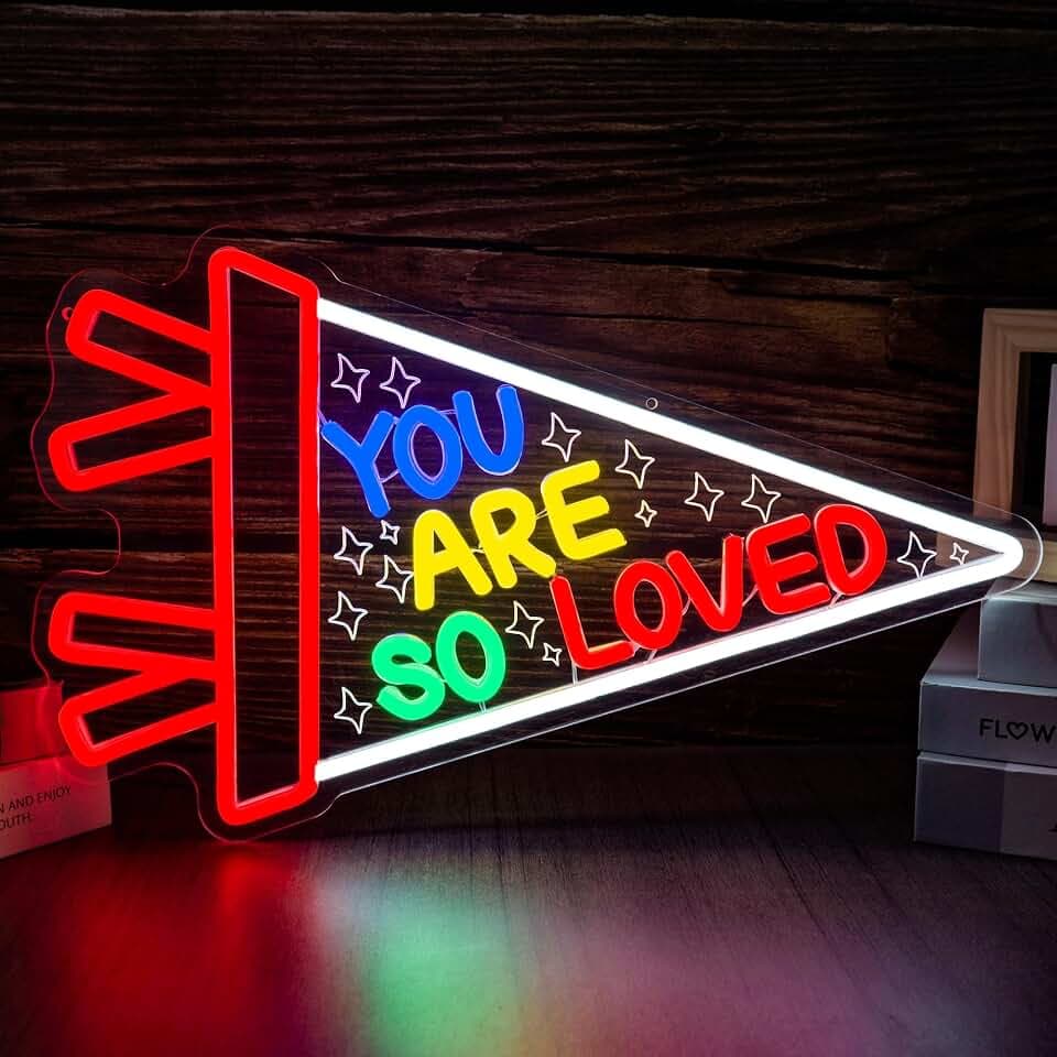 You Are So Loved Neon Sign for Wall Decor, LED Rainbow Pennant Neon Light with Dimmer, USB Powered Inspirational Neon Lamp for Bedroom, Kids Room, Nursery, Classroom, Party Décor（17.5 * 10.9 inches）