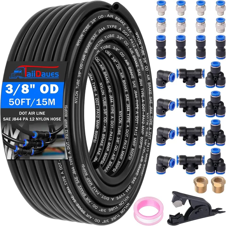 3/8" OD 50FT(15M) Air Line Tubing Kit with 24 pcs Push to Connect Fittings