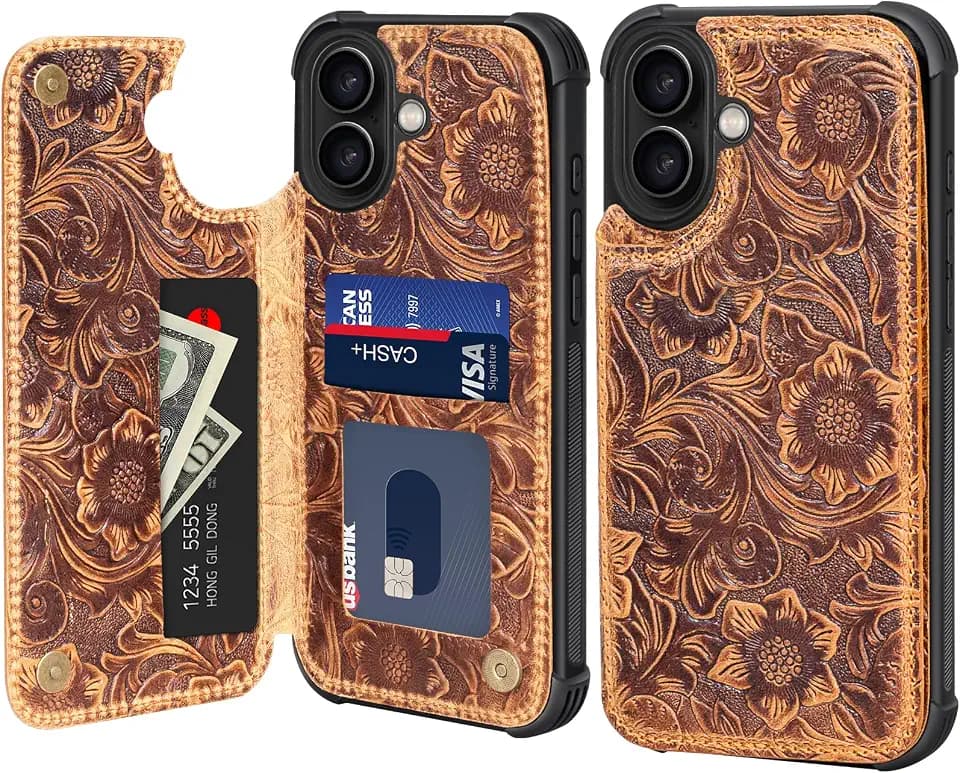 Wallet Real Leather Case Compatible with iPhone 16 6.1" Brown
