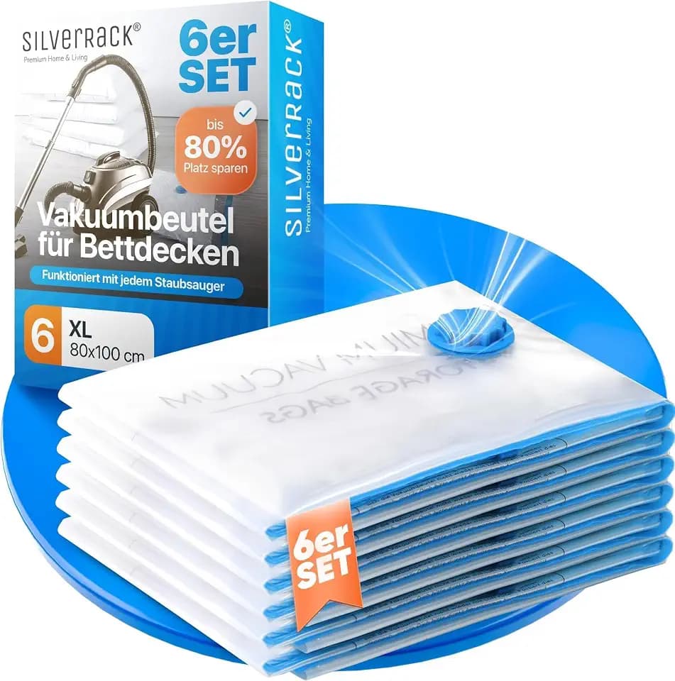 SilverRack Vakuumbeutel für Bettdecken XL [6 Stück] (80x100 cm) - INKL. ETIKETTEN - große Vakuumbeutel für Bettdecken Staubsauger - Schutz gegen Motten u. Schimmel - Kleideraufbewahrung groß