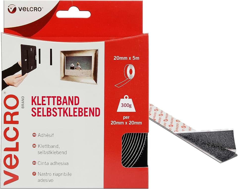 VELCRO Marke | Klettband Selbstklebend | Zuschneidbares, starkes, selbstklebendes Klettband mit Klettverschluss, perfekt für Raumdekoration und Wohnaccessoires, Büro, Garage | Schwarz | 20 mm x 5m