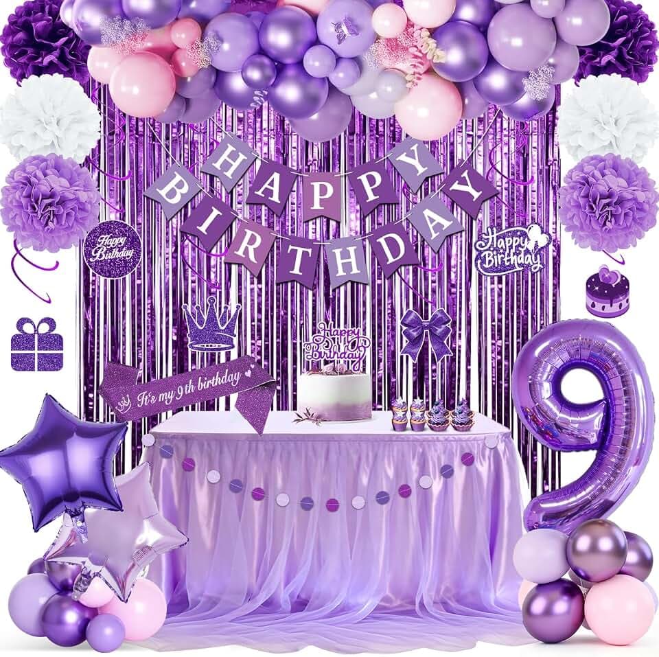 Lila Geburtstagsdeko für Mädchen 9. Geburtstag, Happy Birthday Banner, Violett Luftballons, Lila Lametta Vorhang, Geburtstag schärpe, Pompons, Hängende Spiralen für eine Prinzessinnen party
