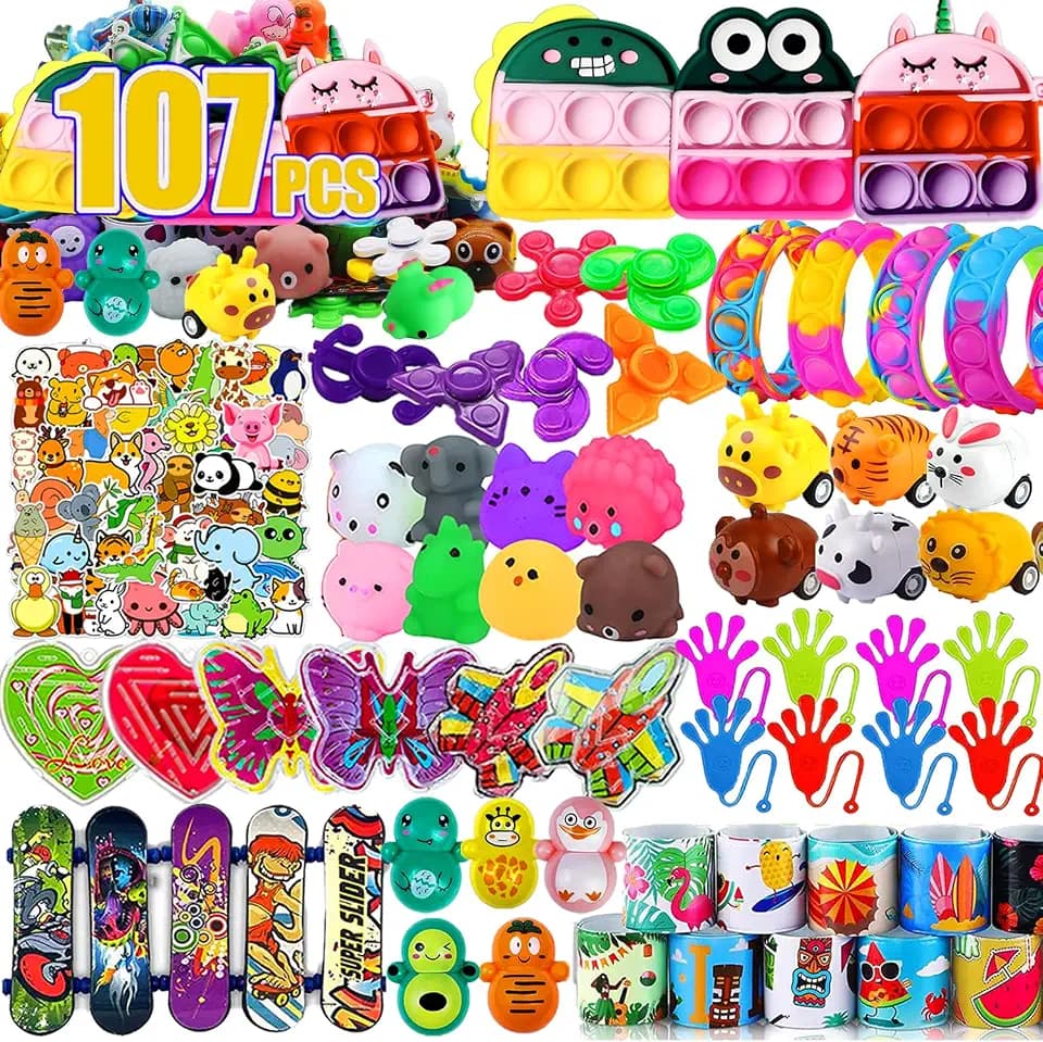 Dilycery 107 PCS Party Favors Toys, Treasure Box Toys for Classroom, Pop Fidget Toys Treasure Chest for Kids Prizes Classroom, Bulk Pinata Stuffers Goodie Bag Fillers for Kids 4-8