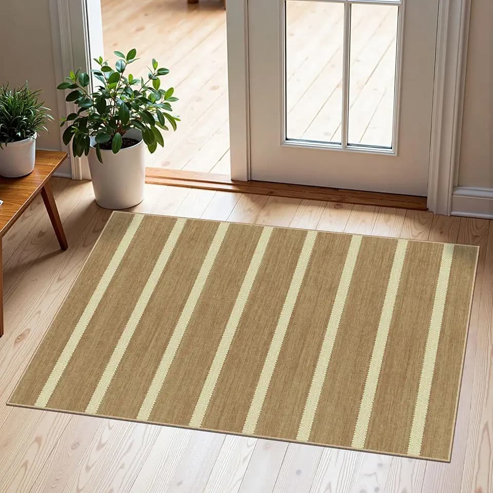 Indoor Front Door Mat, 2x3 Cottage Tan Beige Striped Front Door Rug