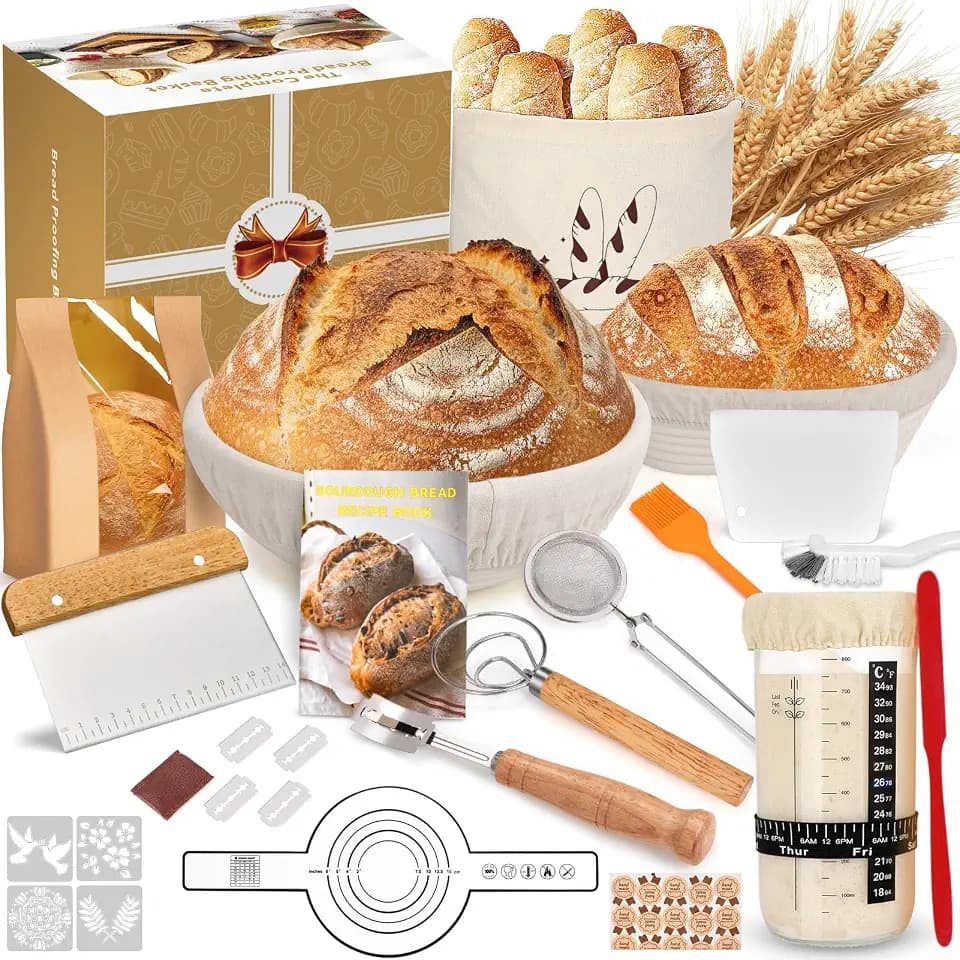 Gärkörbchen Set mit 2 Natürliches Rattan Gärkorb(23cm Runde & 25cm Ovale),Sauerteig Starter Set,Komplettes Brot Backen Zubehör für Anfänger und Erfahrene