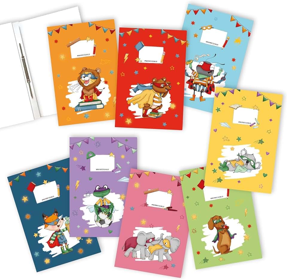 Papierdrachen 8 hochwertige Schnellhefter aus Karton für Kinder | DIN A4 | Motiv Superhelden Tiere - Schnellhefter aus 350g/m² Karton - Set Nummer 6