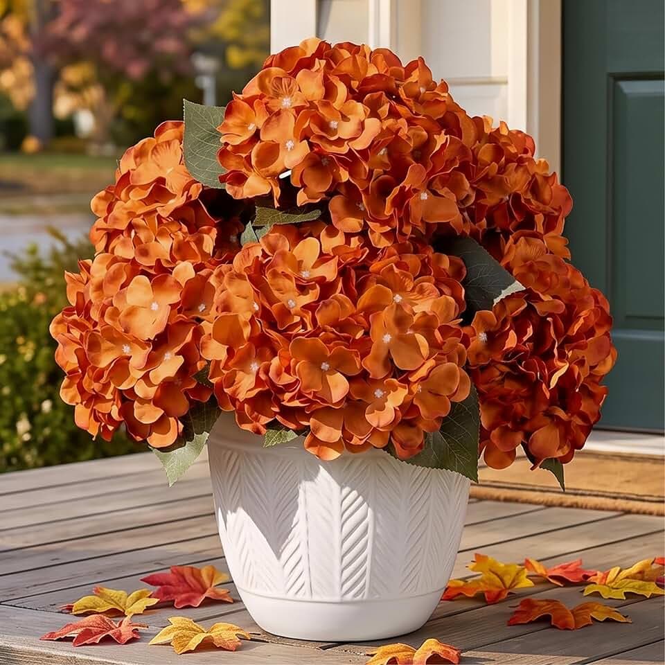Auihiay Orange Hydrangea Artificial Flowers for Outdoors Fall Decor